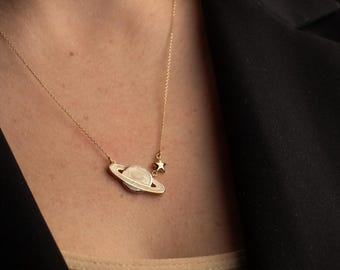 14K Solid Gold Saturn Necklace, Planet and Star Pendant, Celestial Minimalist Charm, Dainty Fine Gold Jewelry