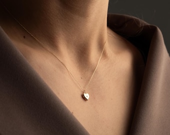14K Solid Gold Heart Necklace, Minimalist Diamond Heart Pendant, Dainty Love Charm, Fine Gold Everyday Jewelry