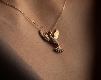 14K Solid Gold Phoenix Necklace, Diamond Bird Pendant, Mythical Rebirth Charm, Statement Fine Gold Jewelry