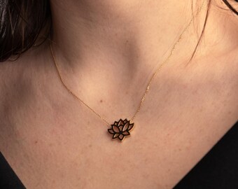 14K Solid Gold Lotus Flower Necklace, Minimalist Open Lotus Pendant, Spiritual Gold Charm, Dainty Fine Jewelry