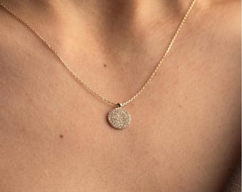 14K Solid Gold Diamond Disc Necklace, Pave Circle Pendant, Minimalist Round Gold Necklace, Dainty Everyday Fine Jewelry