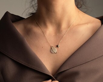 14K Solid Gold Planet Necklace, Diamond Saturn Pendant with Star Charm, Celestial Gold Necklace, Minimalist Fine Jewelry