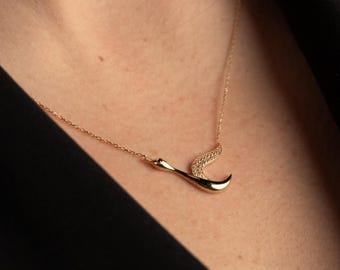 14K Solid Gold Swan Necklace, Diamond Wing Bird Pendant, Minimalist Elegant Gold Necklace, Dainty Fine Jewelry