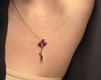 14K Solid Gold Balloon Girl Necklace, Ruby Heart Balloons Pendant, Romantic Fine Gold Jewelry, Unique Statement Charm