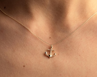 14k Solid Gold Anchor Necklace with Heart, Diamond Pave Nautical Pendant, Summer Jewelry, Sailor Charm, Hope Symbol, Gift for Her