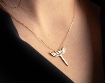 14K Solid Gold Winged Sword Necklace, Angel Wing Dagger Pendant, Minimalist Fine Gold Charm, Symbolic Statement Jewelry