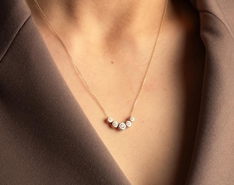 14K Solid Gold Five Stone Necklace, Minimal Diamond Bar Pendant, Dainty Gold Station Necklace, Modern Fine Jewelry