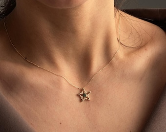 14K Solid Gold Star Necklace, Diamond Outline Star Pendant, Minimalist Celestial Gold Necklace, Dainty Everyday Fine Jewelry