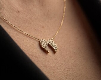 14K Solid Gold Angel Wings Necklace, Diamond Pave Wing Pendant, Minimalist Gold Charm Necklace, Dainty Everyday Fine Jewelry