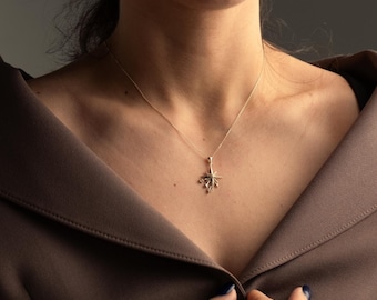 14K Solid Gold Starburst Necklace, Diamond Celestial Pendant, Shooting Star Charm, Dainty Gold Statement Necklace