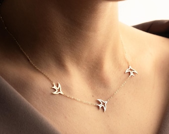 14k Solid Gold Swallow Necklace, Real Gold 3 Bird Necklace, Dainty Flying Birds, Minimalist Animal Jewelry, Layering Chain, Gift for Her