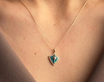 14K Solid Gold Turquoise Shield Necklace, Star Compass Pendant, Diamond Frame Gold Charm, Celestial Minimalist Fine Jewelry