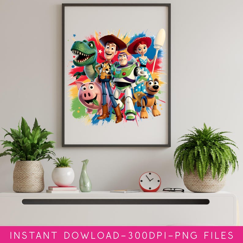 May include: A framed print featuring a colorful illustration of characters from the animated film Toy Story. The artwork includes Woody, Buzz Lightyear, Rex, Hamm, Jessie, and Slinky Dog, set against a vibrant, splash-like background. The text at the bottom reads "INSTANT DOWNLOAD - 300DPI - PNG FILES".