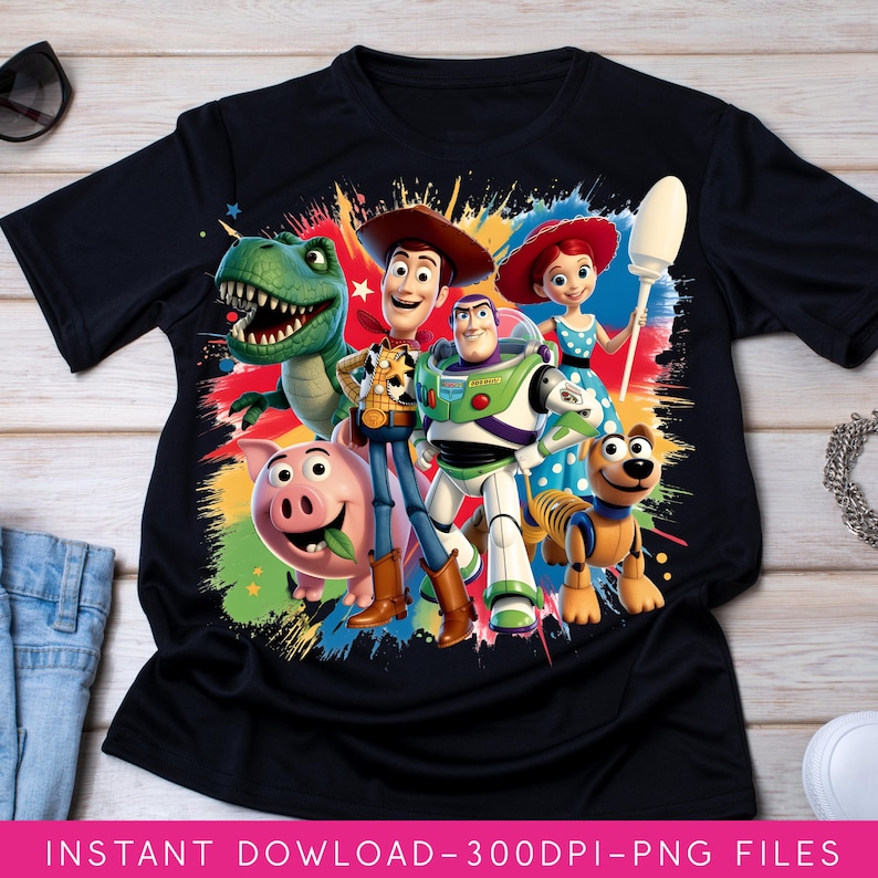 May include: Black t-shirt featuring a colorful graphic of characters from the animated movie Toy Story. The design includes Woody, Buzz Lightyear, Rex, Jessie, Hamm, and Slinky Dog, set against a vibrant splash background. The text "INSTANT DOWNLOAD-300DPI-PNG FILES" is at the bottom.