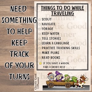 May include: A planner page with the text "Things to Do While Traveling" and a list of activities. The page also includes the text "Need Something to Help Keep Track of Your Turns" and a cartoon of characters in a wagon.