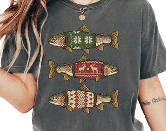 Christmas Trout Fishing Shirt, Comfort Colors® Fishing Tee, Holiday Angler Gift