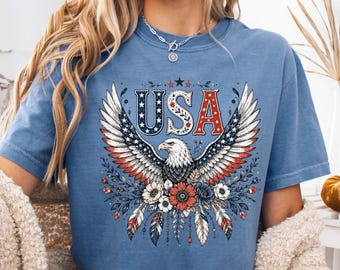 Comfort Colors® Boho Floral Eagle Shirt, Patriotic Eagle Tee, Vintage Americana Floral USA Flag Eagle Women Tee, USA T-shirt
