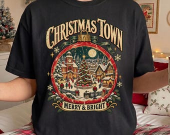 Vintage Christmas Town Shirt, Retro Christmas Village Tee, Snowy Winter Graphic Comfort Colors® T-Shirt, Merry and Bright Holiday Gift