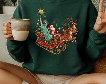 Liberty Vintage New York City Christmas Sweatshirt, NY City Gift, Winter Holiday Apparel Hoodie, Xmas Lights Whimsical Art