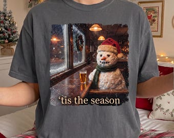 Funny Christmas Snowman T-Shirt, Comfort Colors® Cursed Holiday Meme Tee, Tis the Season Beer Lover Shirt, White Elephant Gift