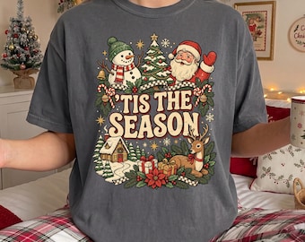Retro Christmas Shirt, Y2K Comfort Colors® Tee, Vintage-Inspired Santa Snowman Collage Sweater, Tis the Season Gift