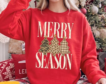 Merry Season Christmas Shirt, Vintage Leopard Camo Plaid Trees Tee, Faux Patchwork Christmas Graphic T-Shirt, Retro Christmas Gift