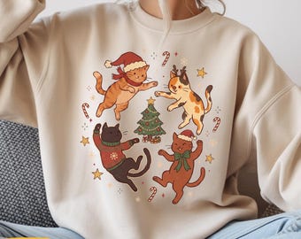 Christmas Dancing Cats Shirt & Sweatshirt, Vintage Holiday Cat Graphic Tee, Kitty Lover Gift