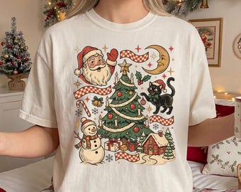 Christmas Vintage Shirt, Retro Santa Claus Tee, Comfort Colors® Christmas Tree Black Cat Snowman Graphic T-Shirt, Santa Snowman Graphic Tee