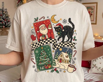 Vintage Christmas Shirt, Retro Santa Black Cat Tee, Christmas Tree Collage Graphic T-Shirt, Cozy Holiday Cottage, Comfort Colors® Gift