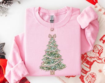 Faux Rhinestone Christmas Tree Sweatshirt, Coquette Bow Christmas Sweater, Sparkly Pink Xmas Crewneck, Trendy Holiday Gift for Women