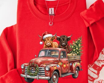 Christmas Highland Cow Sweatshirt, Festive Farm Animal Gift, Women's Holiday Shirt