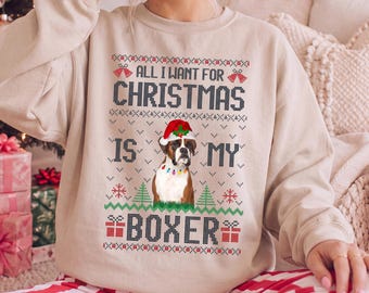 Boxer Dog Christmas Shirt, Ugly Christmas Sweater Style T-Shirt, Santa Hat Dog Tee