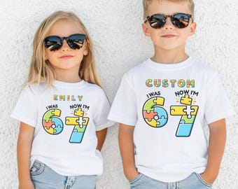 Custom 7th Birthday Puzzle Shirt, I Was 6 Now I 7, Personalized Kids Bday Tee, Six Seven Trend
