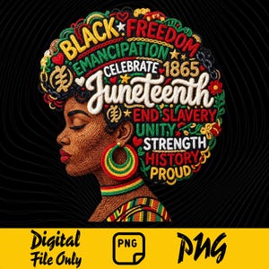 Op de afbeelding: Digitale illustratie van een zwarte vrouw in profiel, met een afro-kapsel met de woorden "Black Freedom" en "Juneteenth". De afbeelding bevat ook een gele banner onderaan met de tekst "Digital File Only" en "PNG".