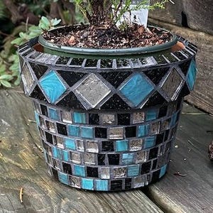 May include: A vibrant green plant in a mosaic-tiled pot. The pot features a pattern of black, silver, and turquoise tiles. The plant has a dense, needle-like foliage. The pot is sitting on a weathered wooden surface.