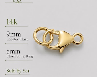 Conjunto de broche de langosta de oro amarillo de 14k – Broche de 9 mm, anilla cerrada de 5 mm