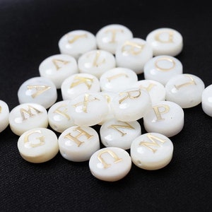 2 sets of 26 Initial Letter Alphabet 8mm, white Shell Bead Charms Round Shape Shell Beads, jewelry making supplies, hand-carved beads