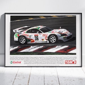 May include: Framed print of a white race car with red, green, and black accents, number 36, and the word "ZENT" on the side. The car is on a racetrack. The print includes the Castrol and TOM'S logos.