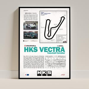 Könnte beinhalten: A framed poster with a black border, showing the Tsukuba Circuit track layout and text in English and Japanese. The poster includes a green and black HKS Vectra race car and the HKS logo.