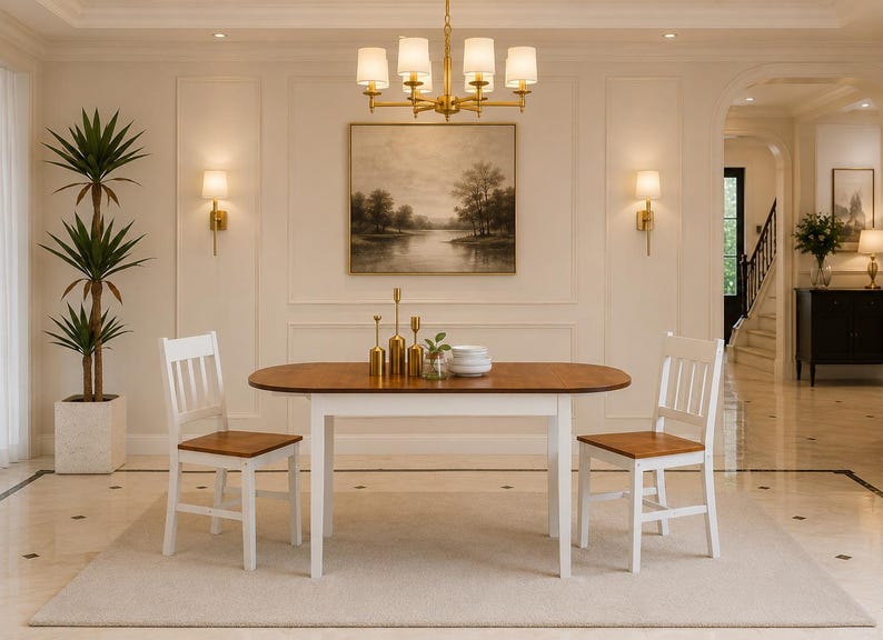 Pu&ograve; includere: Un set da pranzo composto da un tavolo ovale in legno con piano marrone caldo e gambe bianche, accompagnato da due sedie abbinate con struttura bianca e seduta in legno marrone. Il tavolo presenta tre candelabri dorati e piatti bianchi.