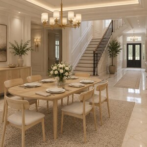 Pu&ograve; includere: Una sala da pranzo con un tavolo ovale in legno chiaro e sei sedie abbinate con cuscini color crema. Il tavolo &egrave; apparecchiato con piatti bianchi e un centrotavola floreale. Un lampadario in ottone pende sopra, con una scala sullo sfondo.