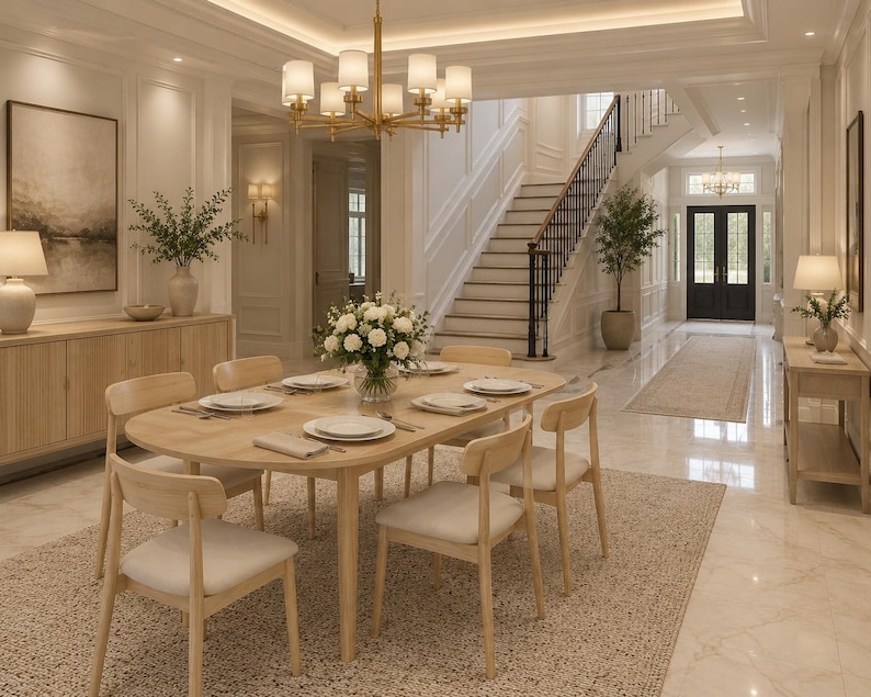 Pu&ograve; includere: Una sala da pranzo con un tavolo ovale in legno chiaro e sei sedie abbinate con cuscini color crema. Il tavolo &egrave; apparecchiato con piatti bianchi e un centrotavola floreale. Un lampadario in ottone pende sopra, con una scala sullo sfondo.