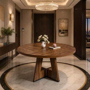 May include: A round wooden dining table with a rich brown grain pattern and a chevron design on the tabletop. The table features a sturdy base composed of two intersecting angular supports. A white vase with flowers and a book sit on the surface.