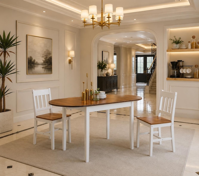 Pu&ograve; includere: Un set da pranzo composto da un tavolo ovale in legno con piano marrone scuro e gambe bianche, accompagnato da due sedie abbinate con struttura bianca e seduta marrone. Il tavolo &egrave; posizionato su un tappeto chiaro in una stanza luminosa.