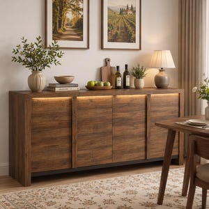 Walnut Sliding Door Sideboard Cabinet – Modern Wooden Storage Console, Rustic Dining Buffet