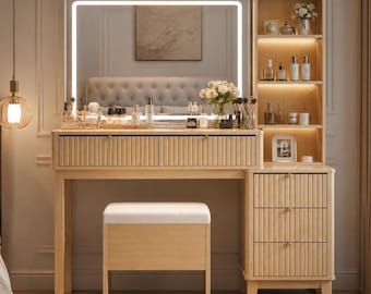 Modern Makeup Vanity with LED Mirror, Charging Station, 5 Drawers, Glass Top
