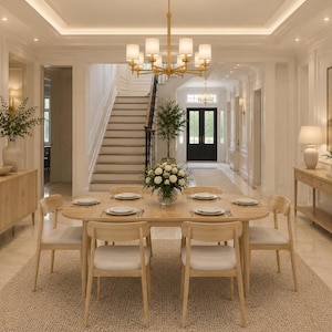 May include: A dining room featuring a light wood table with six matching chairs, a brass chandelier with white shades, and two light wood console tables. The room includes white walls, a staircase, and a neutral area rug under the table.