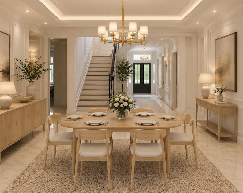 Pu&ograve; includere: Una sala da pranzo con un tavolo in legno chiaro e sei sedie abbinate, un lampadario in ottone con paralumi bianchi e due tavoli consolle in legno chiaro. La stanza presenta pareti bianche, una scala e un tappeto neutro sotto il tavolo.