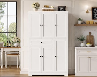 68” Tall Kitchen Pantry Cabinet with Drawer | White Freestanding Storage Cabinet with Doors & Shelves | Modern Kitchen Hutch Organizer