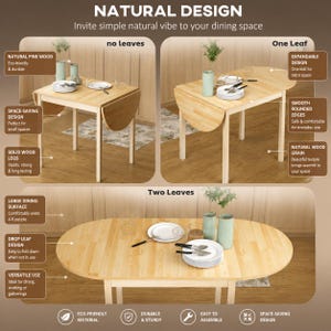 Pu&ograve; includere: Un tavolo da pranzo in legno di pino chiaro mostrato in tre configurazioni: senza ali, con un'ala e con due ali. Il tavolo presenta un design a ribalta con bordi arrotondati, gambe in legno massello e una venatura del legno naturale visibile.